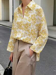 Women's Floral Print Collared Long Sleeve Blouse, Casual Loose Button-Down Top, Women's Casual Top, Women's Commuter Outfit - Yellow - View 3