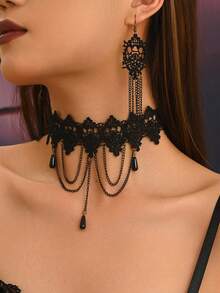 1 Set 3pcs Dark Vintage Faux Crystal Pendant Lace Choker Necklace With Metal Chain Tassel Earrings Jewelry Set For Women, Halloween Thanksgiving Party Costume Accessories, Holiday Gift - Black - View 2