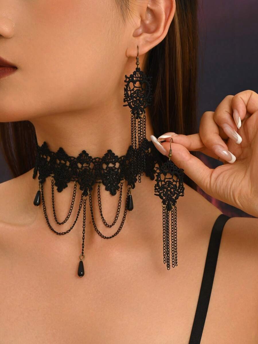 1 Set 3pcs Dark Vintage Faux Crystal Pendant Lace Choker Necklace With Metal Chain Tassel Earrings Jewelry Set For Women, Halloween Thanksgiving Party Costume Accessories, Holiday Gift - Black - View 1