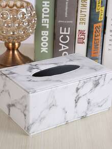 1pc Gold Trim PU Leather Tissue Box, Marble Pattern Tissue Box (Random Style), Home Decor, Room Decor, School Must-Haves - Black and White - View 11