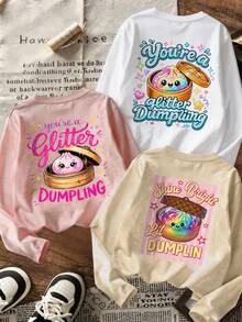 3pcs Girls Long Sleeve Crew Neck T-Shirt Set, Cute Glitter Dumpling Cartoon Print Top, Soft Casual Daily Autumn Tops For Little Girls - Multicolor - View 9