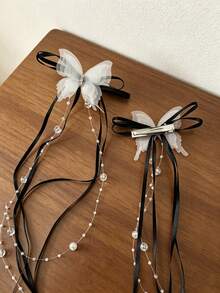 2pcs Mesh Butterfly Long Streamer Beaded Tassel Hair Clip, Bangs Side Clip, Princess Style, Suitable For Valentine's Day Decoration, Daily, Party, Valentine's Day Use (No Card, Handmade, Bowknot May Not Be Separated Due To Packaging Compression, Consistent With Displayed Effect) - Multicolor - View 10
