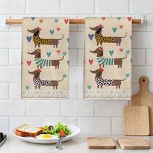 2pcs Dachshund Heart Theme Series Illustration Pattern Kitchen Towels, Rectangular Microfiber Kitchen Towels, Dish Cloths, Cleaning Cloths, Hand Towels, Cooking Baking Tea Towels, Kitchen Decor, Housewarming Gift, Birthday Gift, Bathroom Cleaning Wipes, Decorative Towels - Beige - View 6