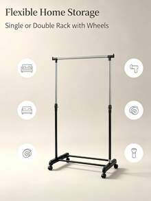 Single/Double Pole Height Adjustable Freestanding Metal Clothes Rack, Modern Minimalist Silver And Black Rectangular Frame Garment Rack With Universal Caster Wheels, Suitable For Bedroom, Balcony, Laundry Room And Clothing Display - Multicolor - View 11