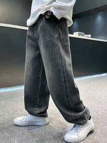 青少年男孩休閒直筒牛仔長褲，秋季牛仔褲 - 灰色 - 查看 3
