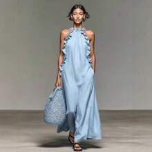 Vacation Style Ruffle Hanging Neck Sleeveless Dress Women's Summer Loose Skinny Long Dresses For Women - 淺藍色 - 查看 2