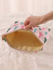 1 pieza Bolsa de cosméticos con cremallera de doble cara con estampado de árbol de Navidad portátil, organizador de artículos de tocador multifuncional para viajes - Multicolor - Ver 5