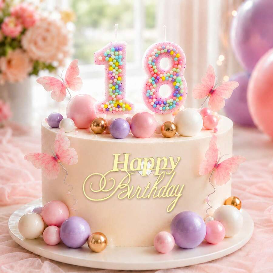 50件/10件/1件 生日蛋糕裝飾套組，金色生日快樂蛋糕插牌、粉色蝴蝶與馬卡龍色泡沫球插飾，適合女孩生日蛋糕裝飾
