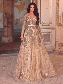 Faeriesty Deep V-Neck Backless Tie Sequin Formal Ball Gown Wedding Elegant Spring Party - Champagne - View 1