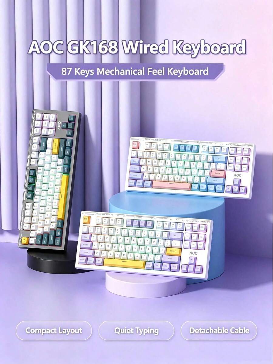 AOC Wired Mechanical Feel Keyboard 87 Keys Quiet Keys Detachable Cable 19-Key Anti-Ghosting Three-Color Compact Keyboard For Office Gaming Desktop Laptop Peripherals - View 1