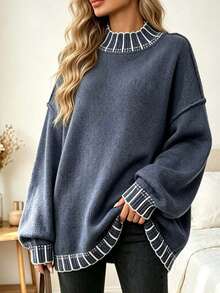 Plus Size Casual Crew Neck Striped Contrast Color Knit Pullover Sweater - Blue - View 1