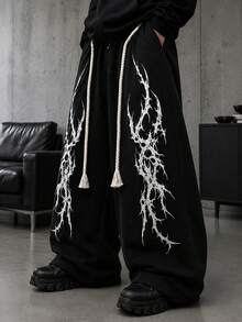 HEYKESON Men's Personalized Print Twisted Rope Tassel Drawstring Wide Leg Sweatpants - Black - View 6