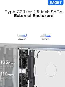 EAGET Carcasa de disco duro portátil, Carcasa de disco duro externo SSD SATA a USB 3.0, Carcasa de disco duro externo SSD/HDD de 2.5 pulgadas, Caja de disco duro portátil de alta velocidad de 5Gbps USB 3.0 a Tipo-C transparente, compatible con sistema Windows de PC/portátil - transparente - Ver 4