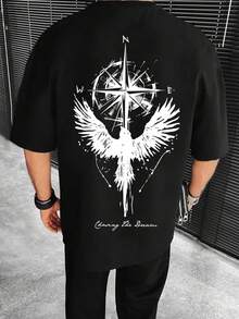 Men's Short-Sleeve Christmas T-Shirt With Round Neck And Eagle & Compass Print, Suitable For Everyday Wear. Hot Item. - 黑色 - 查看 1