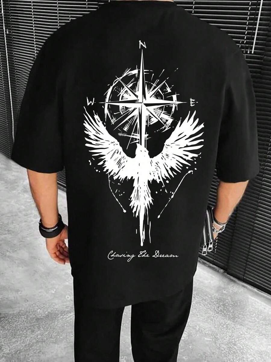 Men's Short-Sleeve Christmas T-Shirt With Round Neck And Eagle & Compass Print, Suitable For Everyday Wear. Hot Item. - 黑色 - 查看 1