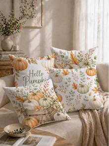 Autumn Watercolor Pumpkin & Floral Cushion Covers 4pcs Set, Single-Sided Printed Peach Skin Velvet Polyester Material, 45*45CM Throw Pillow Covers For Modern Fabric Sofa Indoor Decor, Party Decoration, Gift Giving - Multicolor - View 5