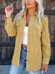 1 buah Jaket Lengan Panjang Kasual Berbahan Kain Tenun Warna Polos dengan Kancing Logam untuk Wanita, Cocok untuk Liburan, Perjalanan Sehari-hari, Pesta Teh, Musim Semi dan Gugur, Warna Kuning - Kuning - View 2
