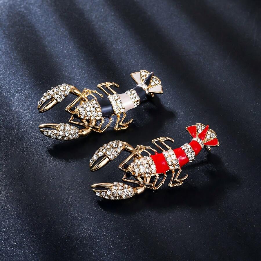 1pc Vintage Enamel Lobster Crystal Brooch, Luxury Gold-Plated Small Lobster Crystal Pin, Suitable For Suits, Unisex Fashion Jewelry Gift - Shrimp - View 1