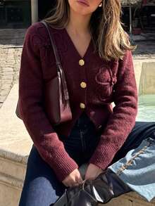 Women's Burgundy V-Neck Long Sleeve Sweater With Gold Buttons, Fashionable Autumn Cardigan, Regular Fit - Burgundy - View 8