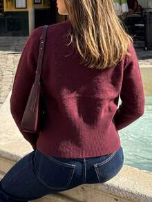 Women's Burgundy V-Neck Long Sleeve Sweater With Gold Buttons, Fashionable Autumn Cardigan, Regular Fit - Burgundy - View 6