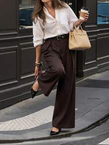 Women's Elegant Brown Woven Wide Leg Pants, Pleated Design, Long Cut, Non-Stretch Fabric, Loose And Comfortable - Rust Brown - View 3