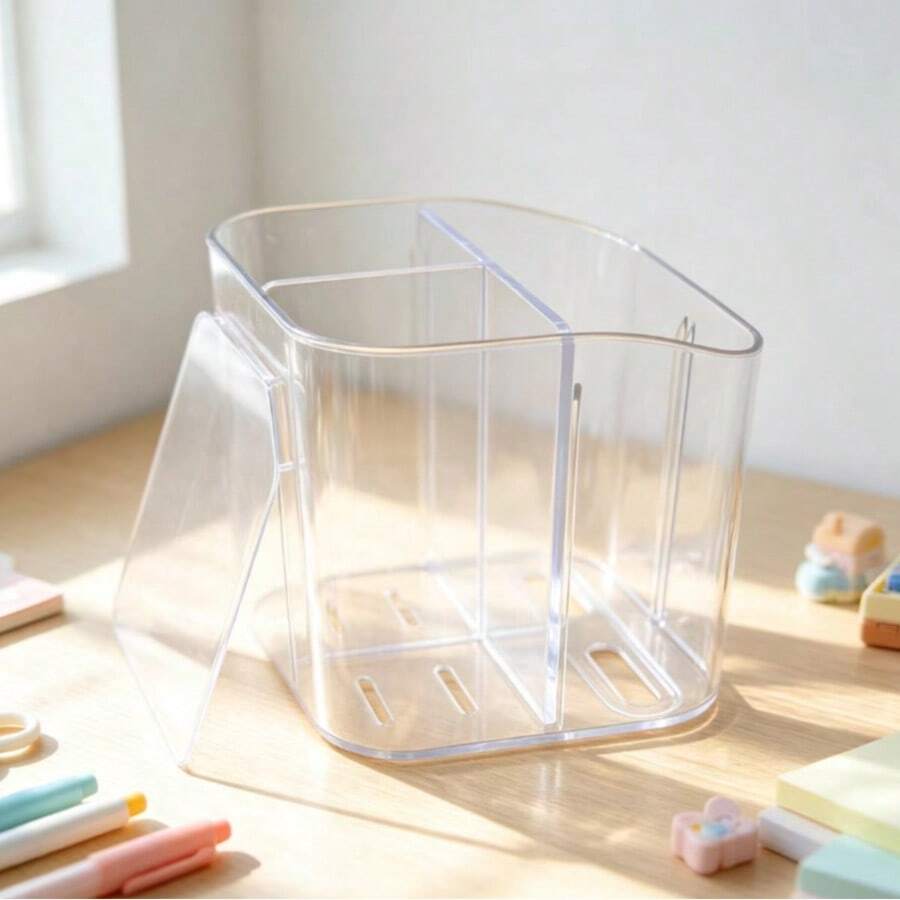 1pc Transparent Toothbrush Holder, Divided Wall-Mounted Storage Rack, Multi-Functional Bathroom Storage Accessory, Creative No-Drill Bathroom Storage Box, For Storing Toothbrush, Comb And Razor, Home Bathroom Decor - Clear - View 1