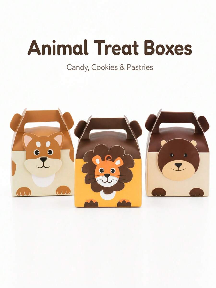 4pcs Cute Wild Animal Theme Snack Gift Boxes With Handles, Suitable For Candy, Cookies, Pastries, Birthday Party Favors, Gift Packaging, Dessert Table Decoration - View 1