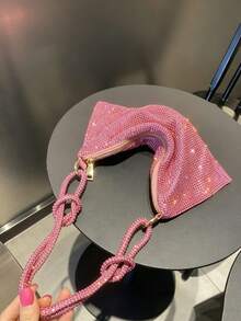 Dedoo Crescent-Shaped Shoulder Handbag, Fully Rhinestone Decorated, Adjustable Rhinestone Strap With Knot Detail, Eye-Catching Bag For Women's Evening Party And Nightclub Occasions - Pink - View 2
