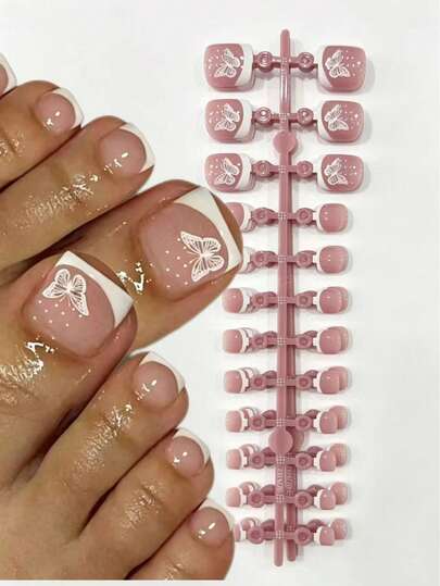 72pcs French Style Wearable Toe Nail Tips, Nude Pink Butterfly Design, 12 Sizes Short Square Full Coverage Fake Toe Nails, Reusable, Suitable For Women's Summer Foot Nail Art