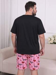 Men's Plus Size Short Sleeve & Shorts Pajama Set, Heart Print, Pocket Home Wear 2 Pieces Set - Multicolor - View 3