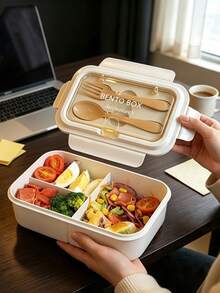 1 Peça Peça Caixa Bento, 3 Compartimentos, Recipiente de Almoço à Prova de Vazamento com Colher e Garfo, Caixa de Armazenamento de Alimentos Portátil e Leve, Adequada para Estudantes e Trabalhadores de Escritório, Especialmente para Preparação de Refeições de Perda de Peso, Piquenique Escolar, Viagem e Essenciais de Volta às Aulas - Multicolorido - Visão 7