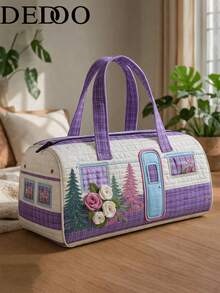 Dedoo Cylindrical Handheld Travel Bag, Quilted Fabric, Large Capacity, Student Backpack, Vintage Casual Style, Suitable For College Women's Daily Use - Multicolor - View 4