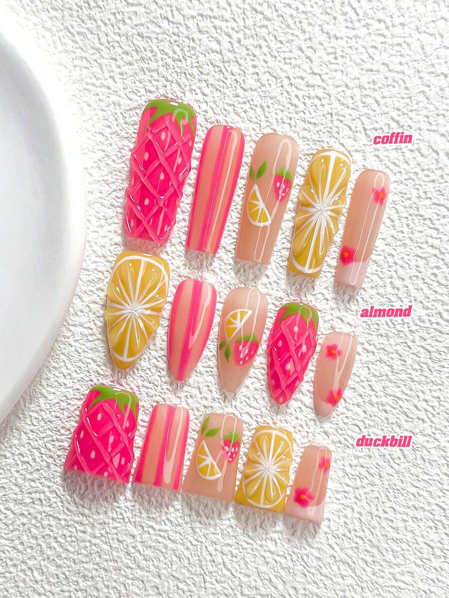 10 piezas de uñas postizas de estilo de frutas de verano hechas a mano, juego de uñas de gel de poliuretano, patrón de limón & fresa, esmalte de uñas amarillo & rosa, estilo de chica dulce, incluye herramientas para uñas, 3 tamaños disponibles, forma de almendra, pato, ataúd, adecuado para fiesta, baile, uso diario - Multicolor - Ver 1
