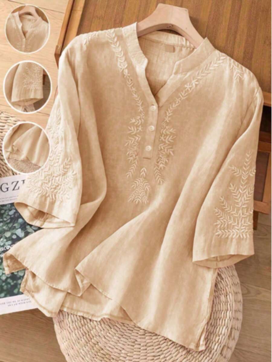 Top holgado informal con detalles bordados para mujer de talla grande, primavera/verano - Albaricoque - Ver 1