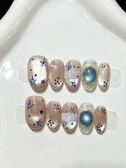 10PCS Short Oval Handmade Press On Nails For Party And Daily Wear,Light Blue Nails,Sparkly Glass Bead Cat Eye Press-On Nails With Tiny Stars,Suitable For Girls And Women Festivals Parties And Daily Wear,New Arrival Summer Press-On Nails