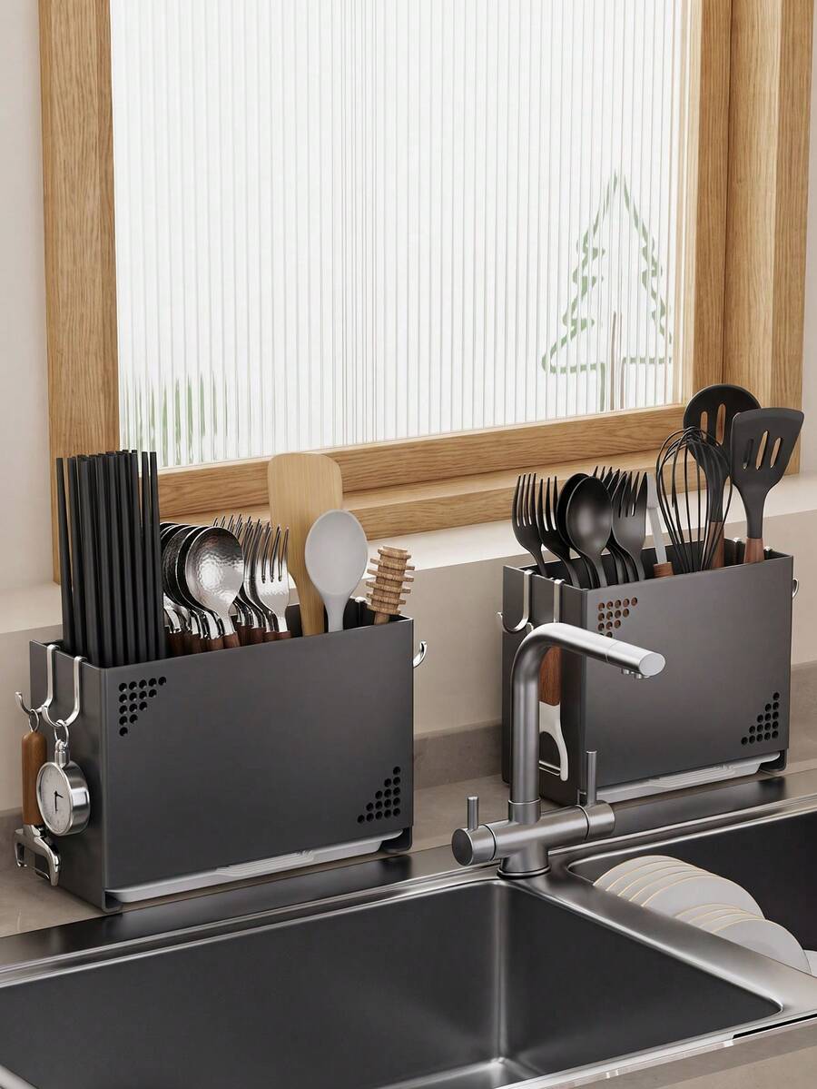 Wall-Mounted Kitchen Utensil Storage Rack (No Drilling Required), Detachable Draining Chopstick Holder, Hanging Kitchen Utensil Storage Basket, Multi-Functional Wall-Mounted Spoon And Fork Storage Rack, Kitchen Tool Draining Basket