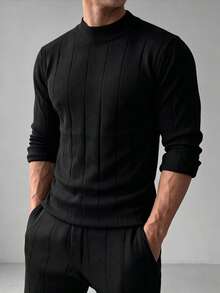 ZYNTH BALENO Men's Fashion Striped Slim Fit Regular Shoulder Mock Neck Long Sleeve Sweater, Suitable For Gym, Running, Hiking, Cycling Sports - Black - View 2