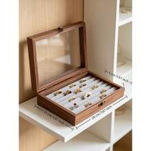 Caja de joyas con tapa transparente, caja de almacenamiento de pendientes 2 en 1, organizador de joyas de madera de nogal, forro de terciopelo, adecuada para exhibición en el hogar - Multicolor - Ver 3