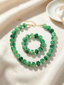 1 Set Collier et Bracelet de Style Vacances en Perles Rondes Plates Fausse Jade Verte & Ensemble de Bijoux Géométriques en Acrylique de Couleurs Mixtes pour Femmes - Ensemble de perles - Voir 2