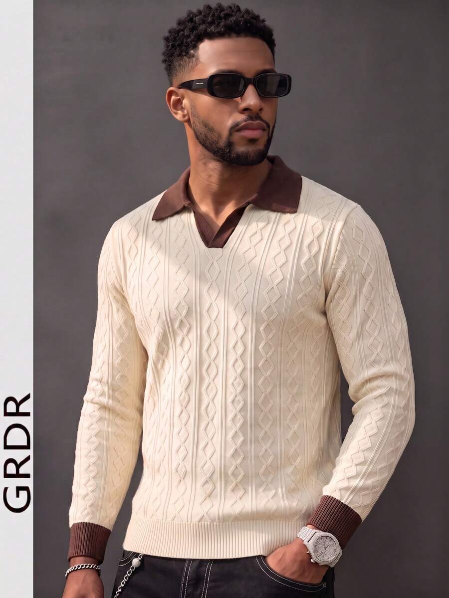 GRDR Men's Vintage Colorblock Knit Long Sleeve Top With Turn-Down Collar - Casual Daily Wear - Apricot - View 1