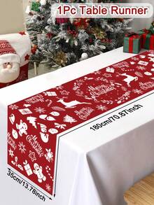 1pc Red Christmas Polyester Table Runner,White Snowman Reindeer Print Tablecloth,Rectangle Table Cloth For Winter Family Gathering Dinner Party Decor - Multicolor - View 3