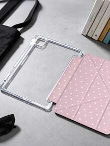 1pc Bean Pink Polka Dot Tablet Case Compatible With IPad Mini6/7/Air/Air2/9.7/10.2/10.5/10.9 (Air4-Air8)/Pro 11/10th Gen/A16/Pro 11 2024, Painted Pattern Tablet Cover With Transparent Acrylic Back Shell, Silk Texture 8-Fold Stand, Auto Sleep/Wake, Built-In Pencil Slot, Pencil Not Included, Some Models With Camera Frame - Multicolor - View 5