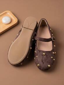 Elegant Girls' Velvet Upper Metal Polka Dot Decor Party Wedding Classic Children's Flat Shoes - Brown - View 5