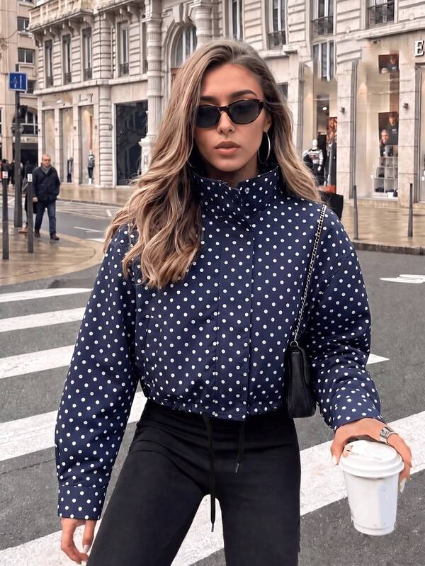 Women's Spring New Drawstring Zipper Polka Dot Stand Collar Casual Jacket