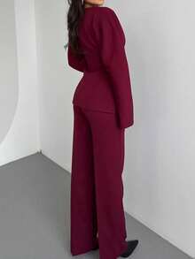 Women's Elegant Suit Jacket And Pants Set, Slim Fit V-Neck Petal Sleeve Single Button Blazer, Solid Color Straight Leg Pants, Casual Button - Burgundy - View 3