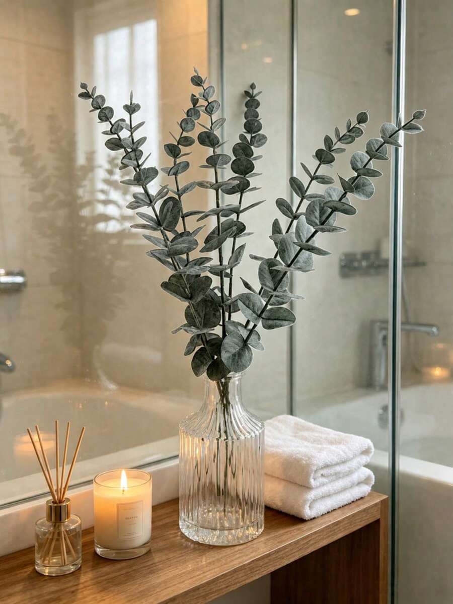 5pcs/Pack - Artificial Eucalyptus Leaves, Green Stems, Realistic Touch, Suitable For Wedding Vase Decoration, Home Greenery And Artificial Flower Arrangement, Artificial Plants, Autumn Decoration, Room, Tabletop, Garden Decoration, Indoor Decor, Valentine's Day Gift, Birthday, Graduation, Back To School Home Decor, Learning Supplies - 5-piece green - View 1