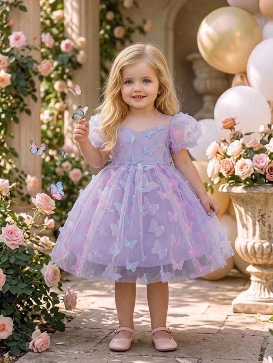Baby Girls Colorful 3D Butterfly Tutu Dress, Cute Flower Girl Party Dress, Random Fabric Pattern, Headband Not Included - Purple - View 1