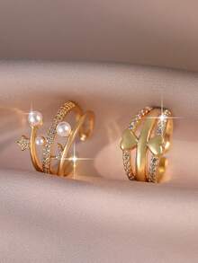 jealous young 2pcs/1pc Luxury Multi-Layer Women Ring Set, Fashion Heart & Moon Star Pearl Inlaid Cubic Zirconia Jewelry For Daily Wear, Date, Travel, Wedding, Party - Gold - View 5