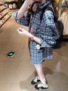 New Women's Spring/Summer Korean Style Cute Puppy Embroidery Plaid Long Sleeve Shirt, Niche French Patchwork Long Sleeve Top, Sun Protection Blouse - Blue - View 11