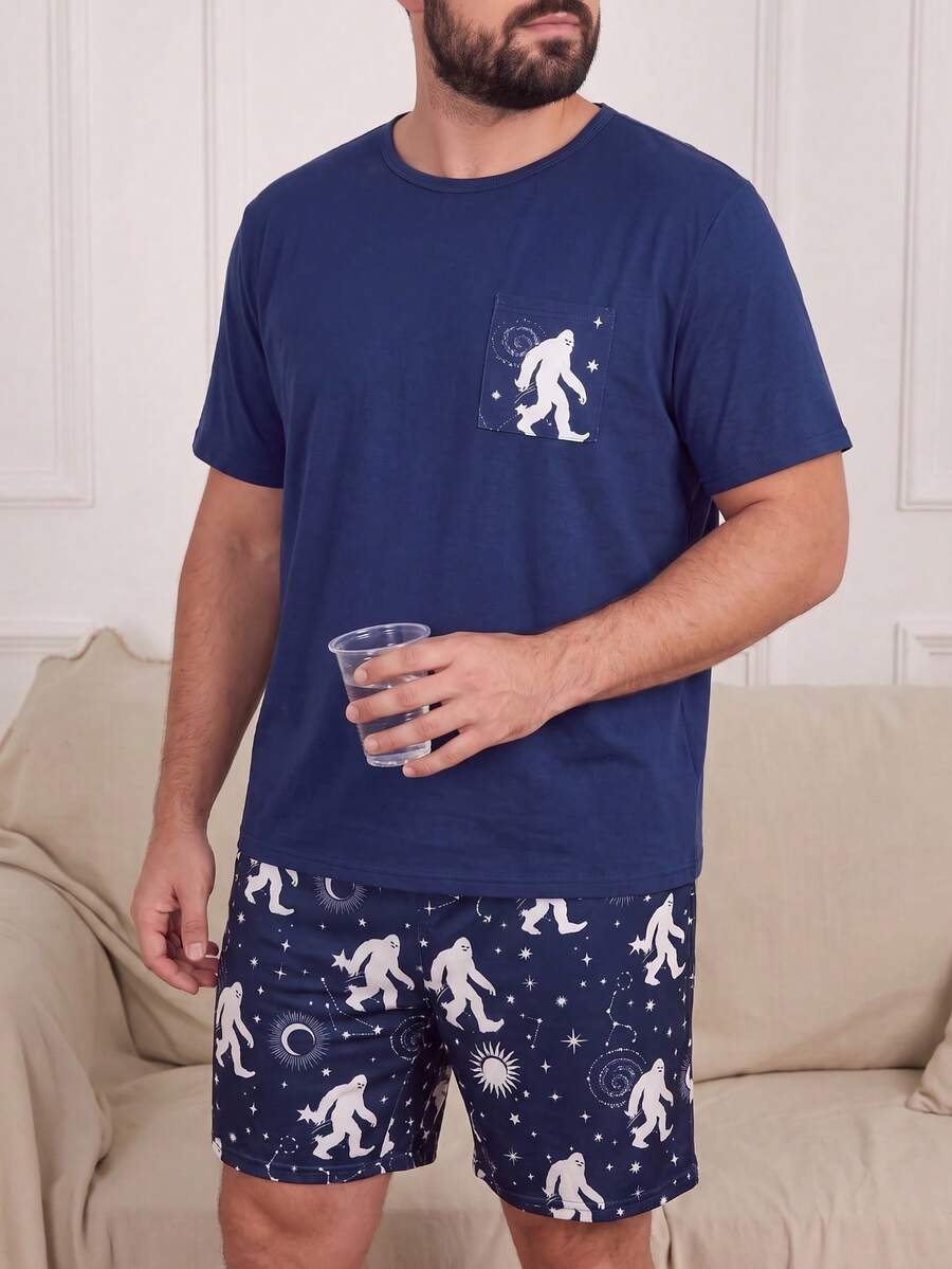 Men's Short Sleeve & Shorts Pajama Set, Cartoon Big Foot & Starry Sky Print Pocket Loose Fit Loungewear 2 Pieces Set - Royal Blue - View 1